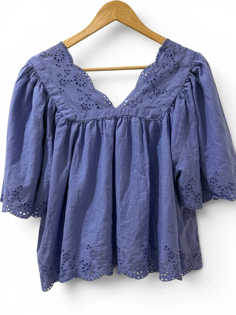 Free People Costa Eyelet Top Periwinkle Cotton Puff Sleeve Boho Blouse M